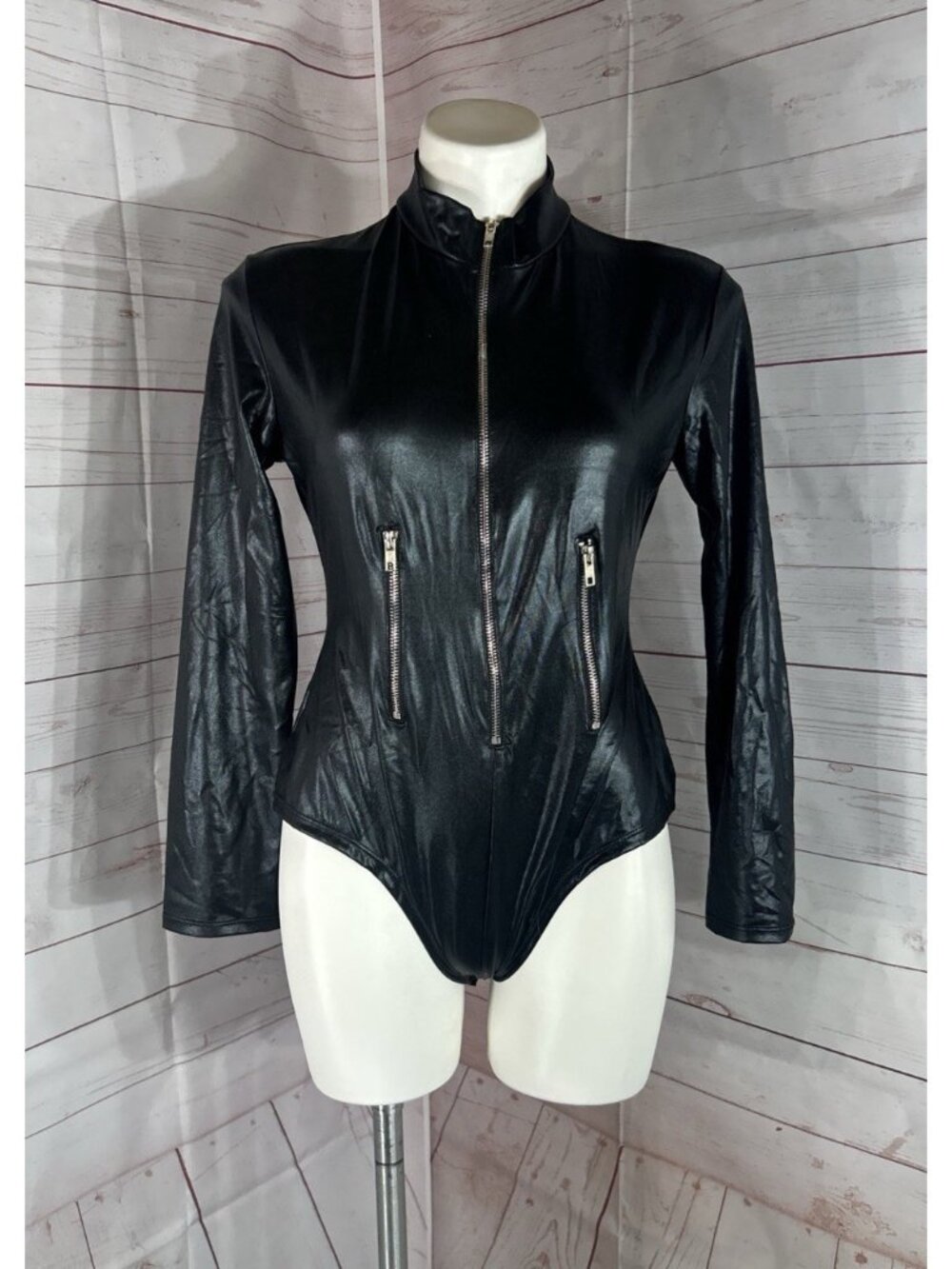Black Faux leather Bodysuit Women's Size M. 3/4 Zipper & Front Zip Detail Goth